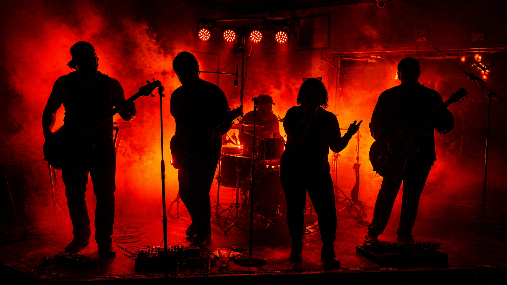B.U.R.P. performing live — band silhouettes against dramatic red and orange stage lighting